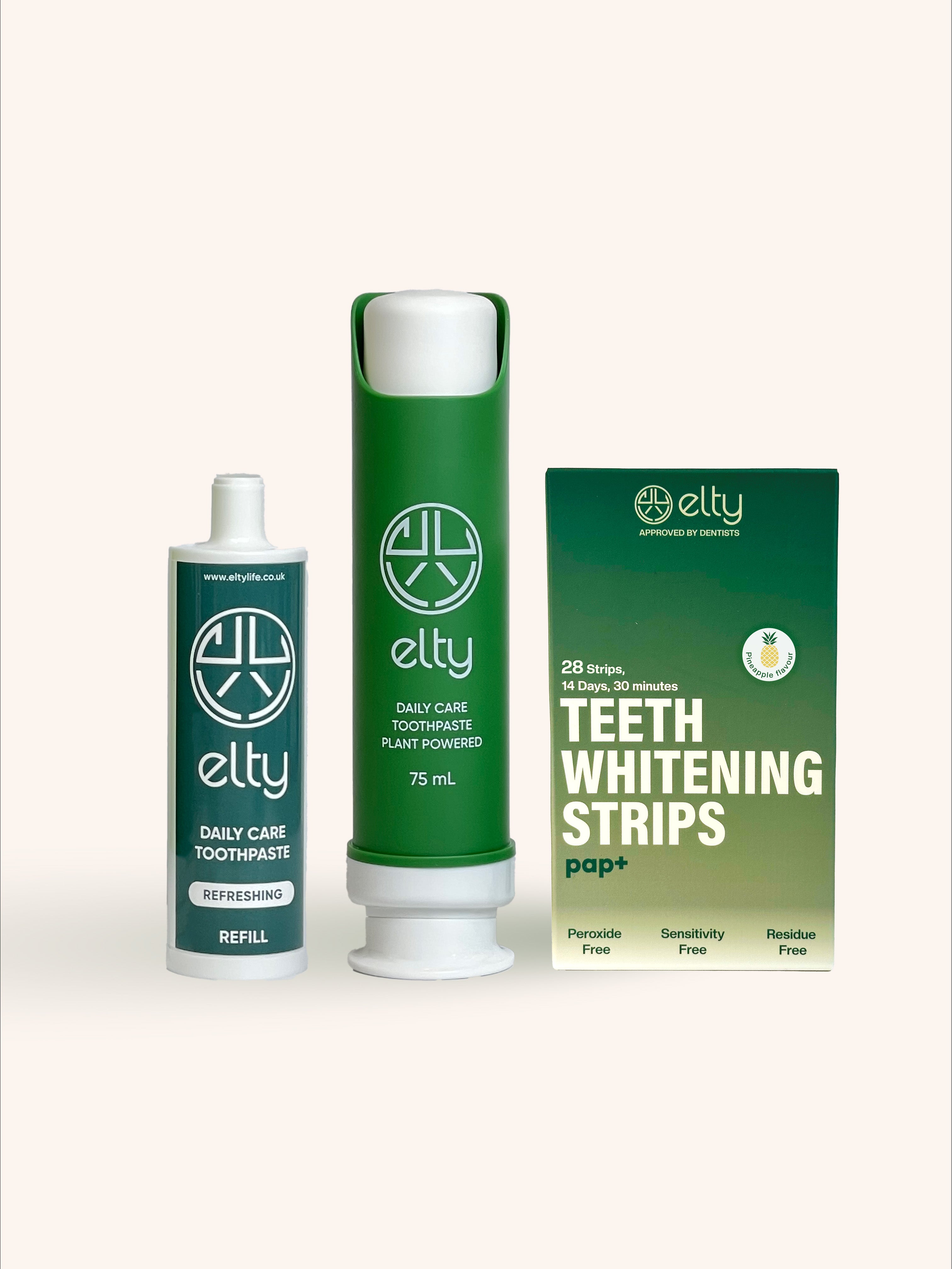 PAP+ whitening strips and hydroxyapatite toothpaste