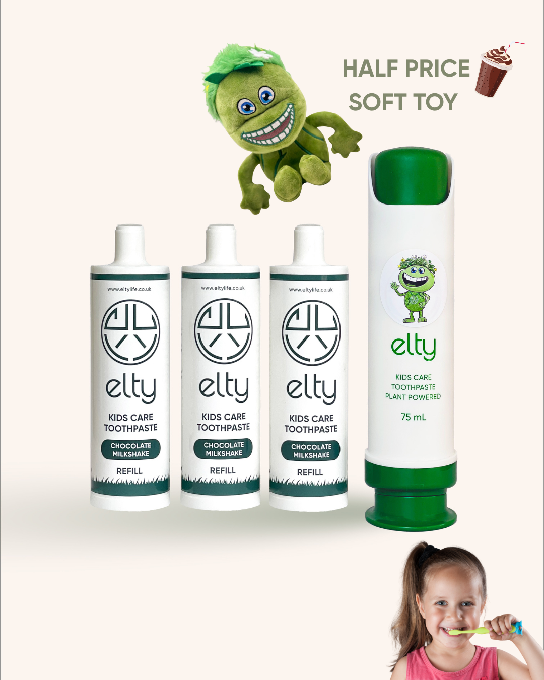 Elty Kids Toothpaste Chocolate Milkshake Starter Pack, 225ml, 2+years