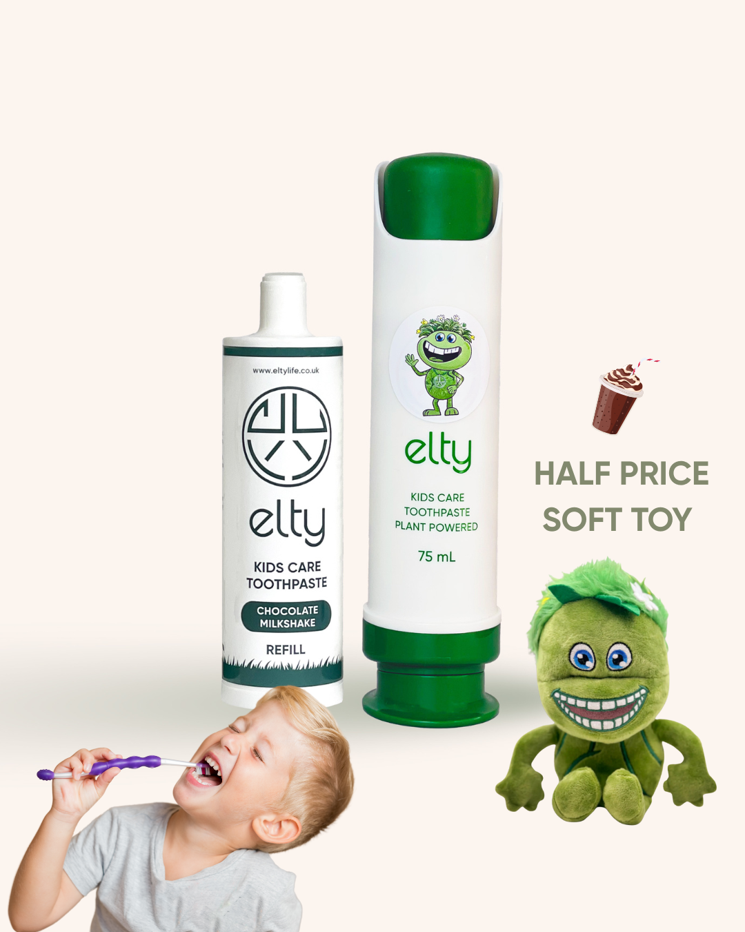 Elty Kids Care Toothpaste Set, Chocolate Milkshake, 2+ years