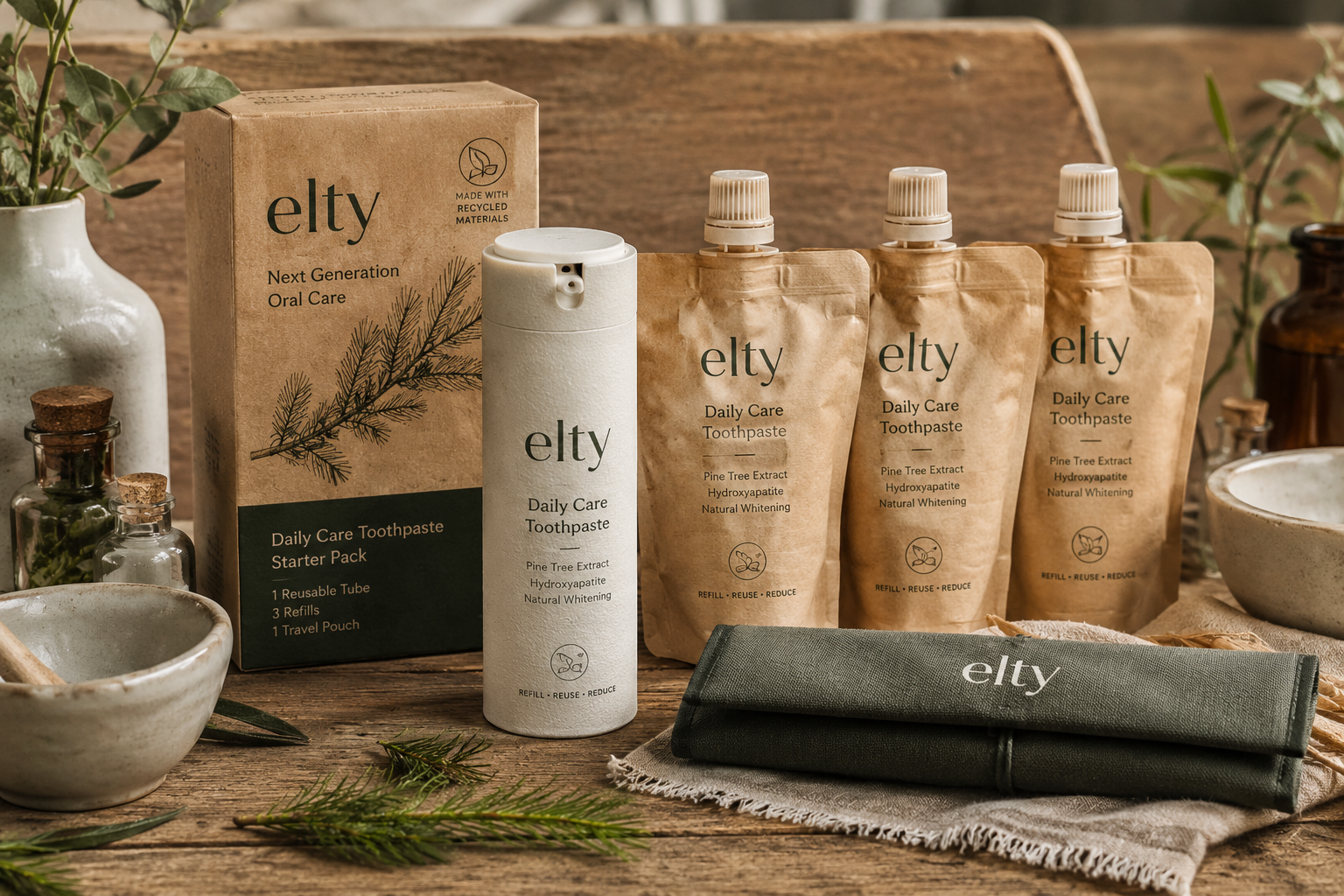Elty starter pack laid out on rustic wood