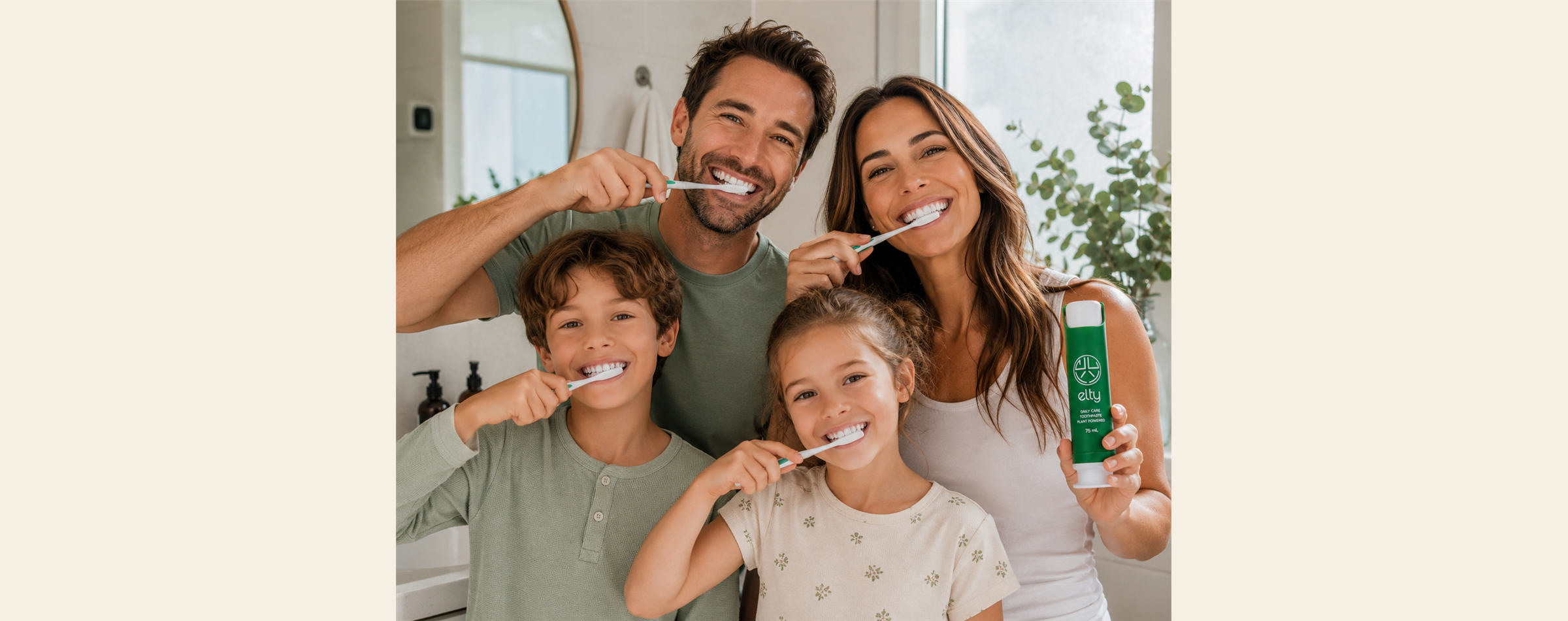 Happy family brushing teeth together with Elty toothpaste
