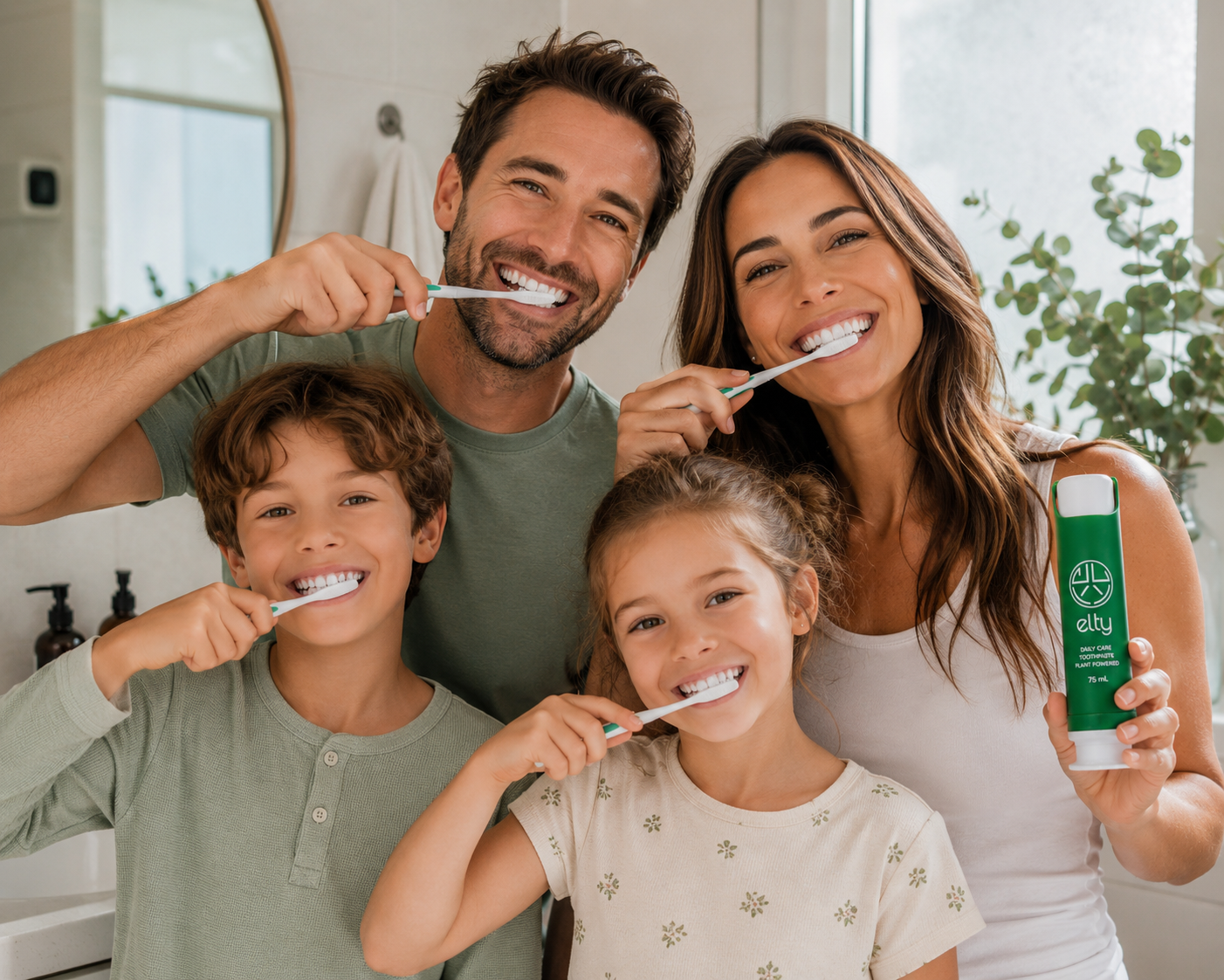 Happy family brushing teeth together with Elty toothpaste