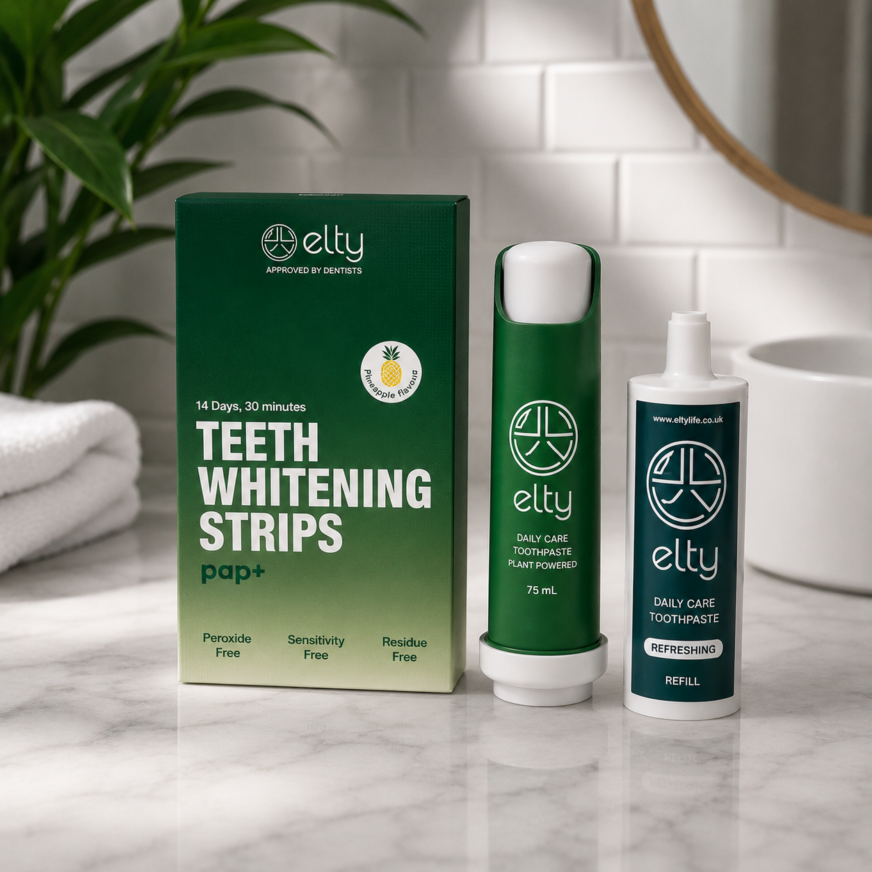 Elty Whiten Well Bundle on a clean bathroom counter