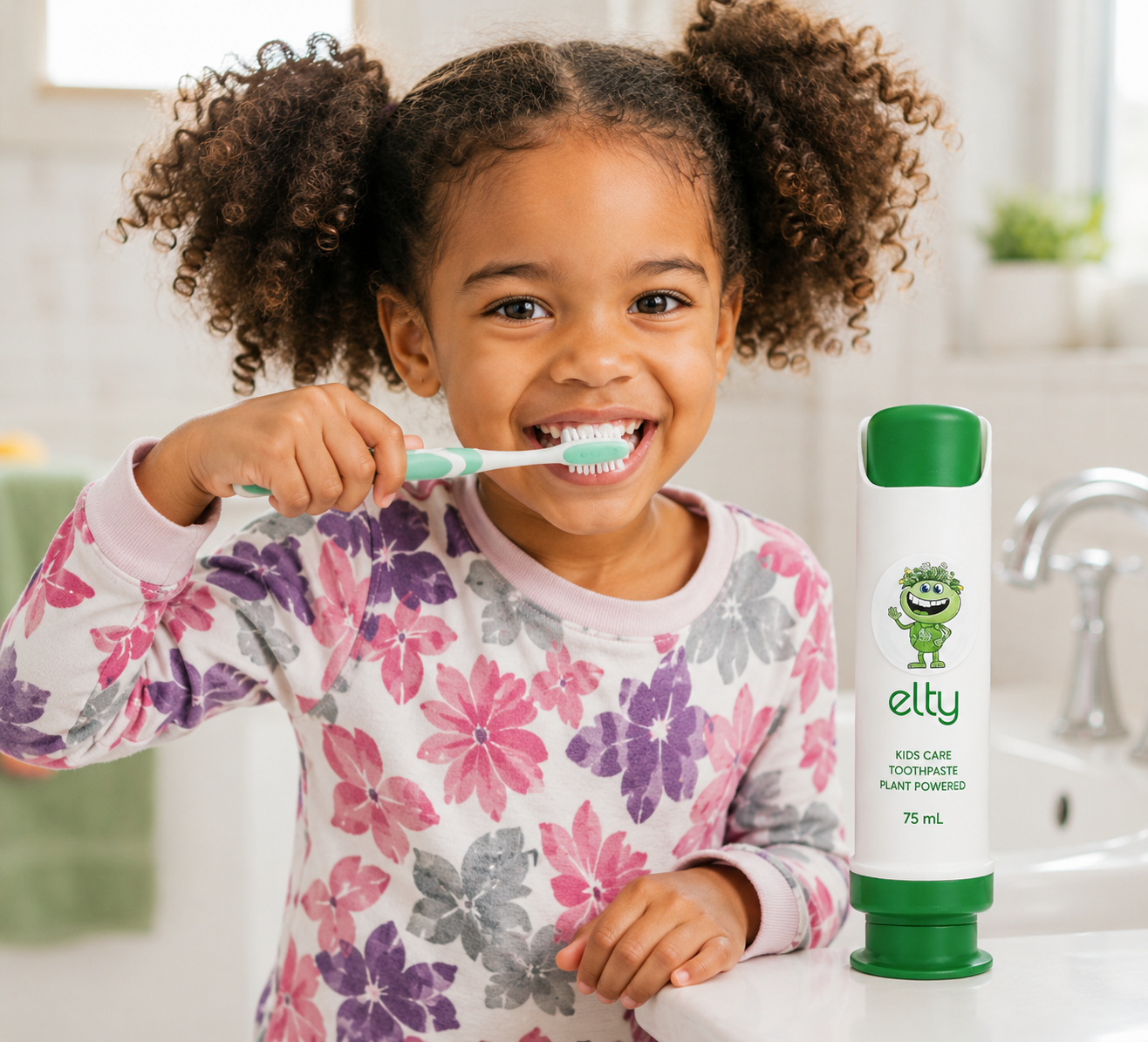 Young girl brushing teeth with Elty Kids toothpaste